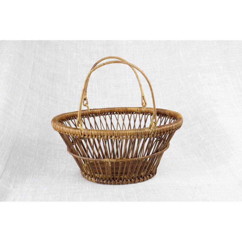 Vintage Wicker Basket Set 2pc Oval Rattan Boho Home Decor Double Handle Brown